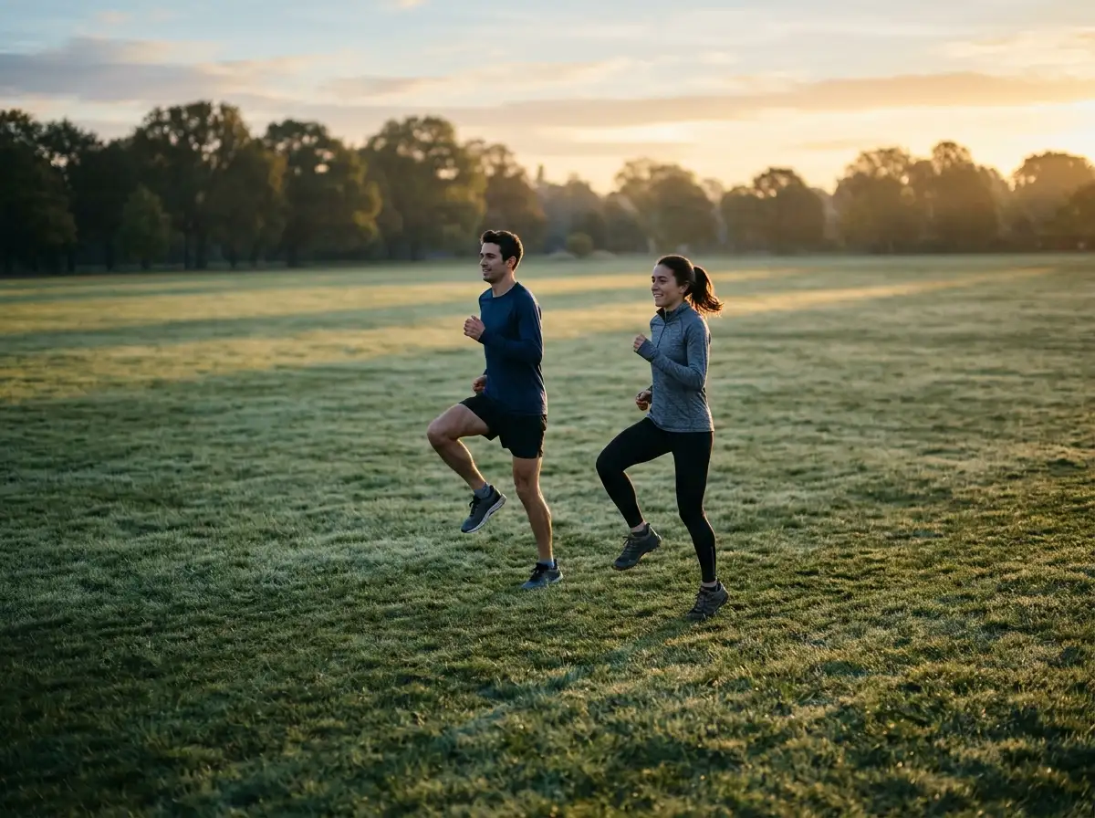 Two runners doing skipping drills on grass at sunrise as part of a pre-run warm-up